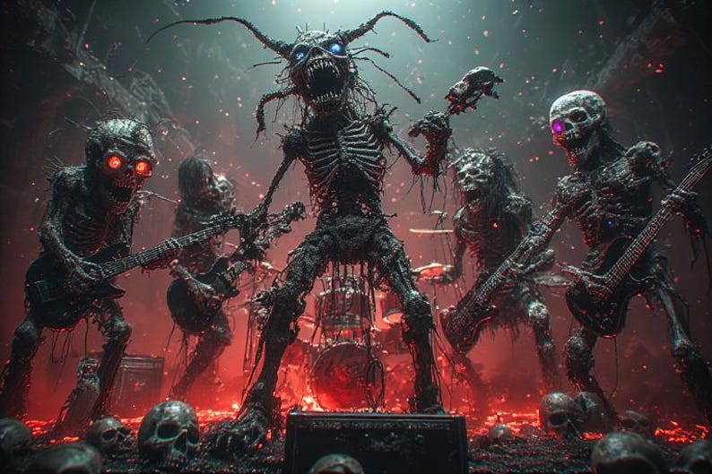 May include: A digital illustration of a skeletal heavy metal band performing on stage. The band members, with glowing eyes, play guitars and drums in a dark, fiery environment. Skulls are scattered on the ground.