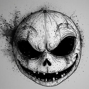 May include: A monochrome illustration of a grinning skull-like face with large, empty eye sockets. The design has a stitched appearance and is surrounded by ink splatter, creating a spooky, Halloween-themed aesthetic.