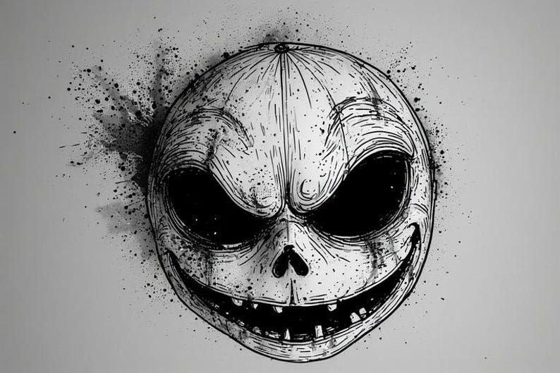 May include: A monochrome illustration of a grinning skull-like face with large, empty eye sockets. The design has a stitched appearance and is surrounded by ink splatter, creating a spooky, Halloween-themed aesthetic.