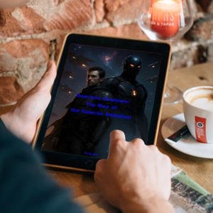 May include: A person holding a tablet displaying a book cover with the title "Quantum Showdown: The Rise of the Galactic Rebellion." The cover art features two figures in a sci-fi setting. A cup of coffee and a lit candle are also visible.