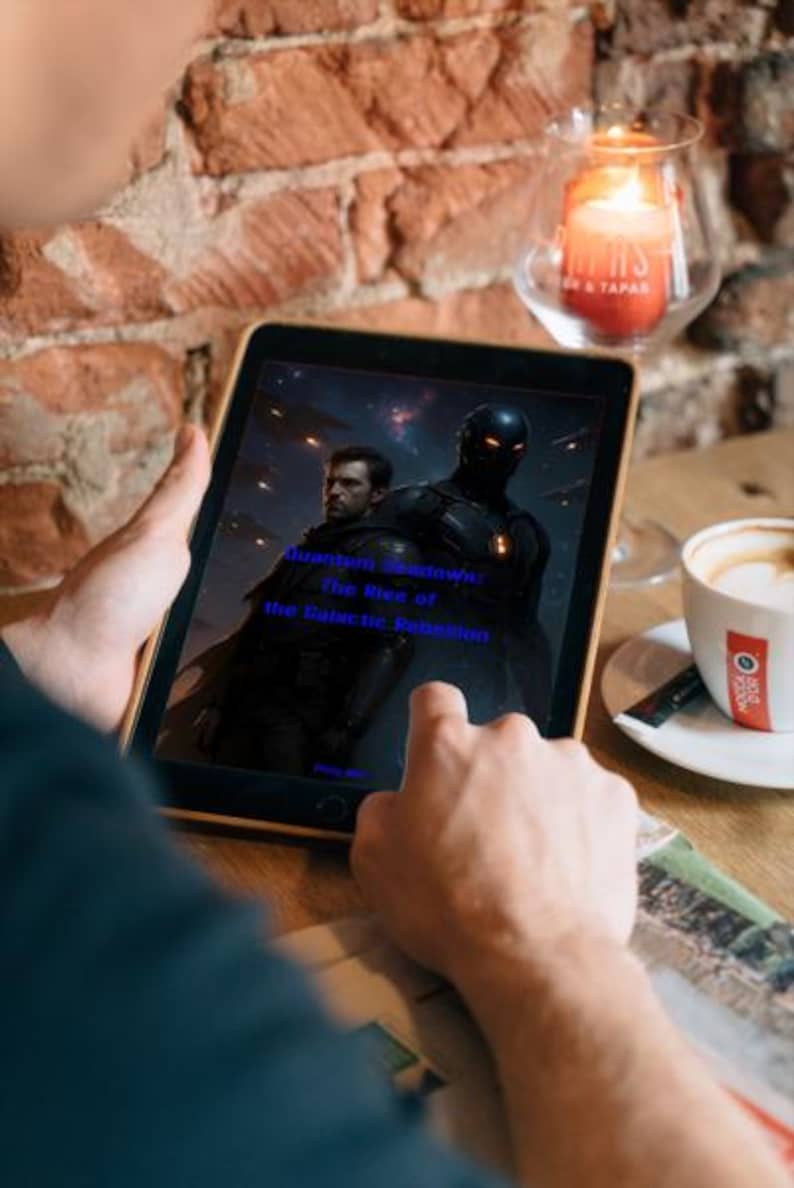 May include: A person holding a tablet displaying a book cover with the title "Quantum Showdown: The Rise of the Galactic Rebellion." The cover art features two figures in a sci-fi setting. A cup of coffee and a lit candle are also visible.