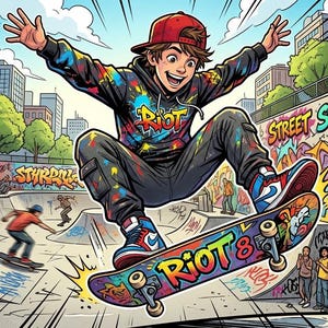 Peut inclure: Une illustration de style bande dessin&eacute;e montrant un skateboarder portant une casquette rouge et un sweat &agrave; capuche noir avec des &eacute;claboussures de peinture color&eacute;es, effectuant une figure sur un skateboard marqu&eacute; "RIOT 8".