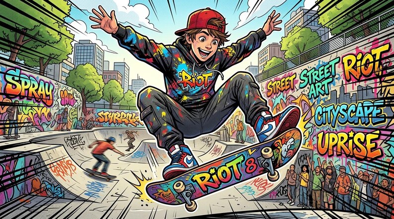 Peut inclure: Une illustration de style bande dessin&eacute;e montrant un skateboarder portant une casquette rouge et un sweat &agrave; capuche noir avec des &eacute;claboussures de peinture color&eacute;es, effectuant une figure sur un skateboard marqu&eacute; "RIOT 8".