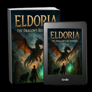 Op de afbeelding: Een boek en een Kindle e-reader met de cover van "Eldoria: The Dragon's Reckoning". De cover toont een draak met oranje vleugels, een silhouet en de titel in gouden letters. De Kindle heeft het woord "kindle" onderaan.