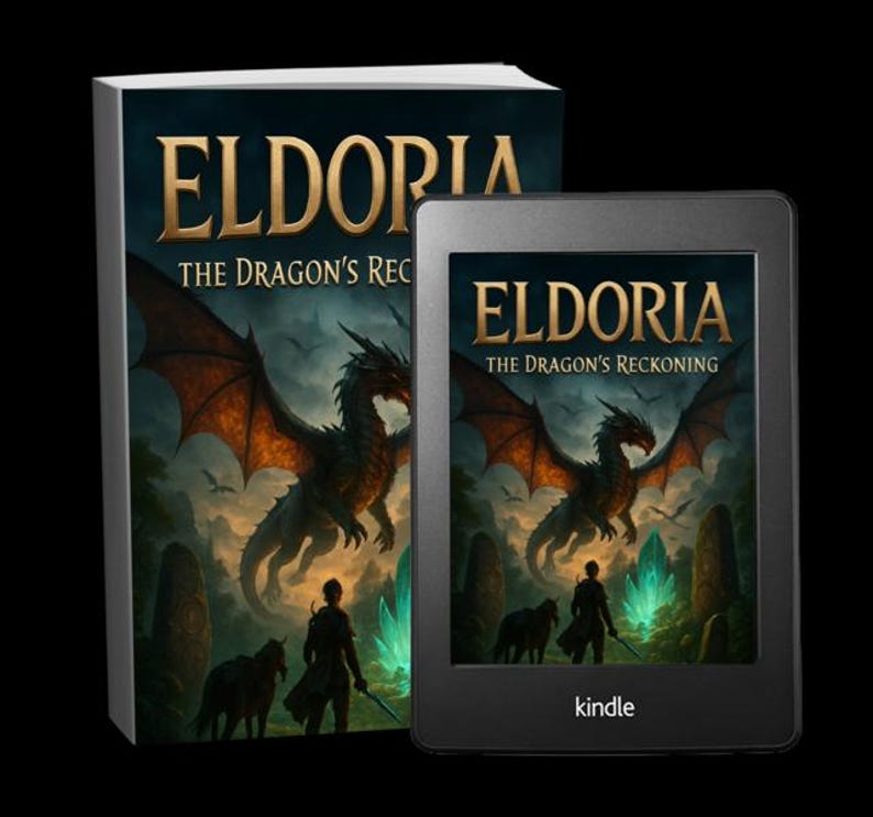 Op de afbeelding: Een boek en een Kindle e-reader met de cover van "Eldoria: The Dragon's Reckoning". De cover toont een draak met oranje vleugels, een silhouet en de titel in gouden letters. De Kindle heeft het woord "kindle" onderaan.