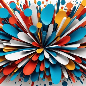 May include: Abstract colorful background with a burst of overlapping circles and ovals in shades of red, blue, white, and yellow.