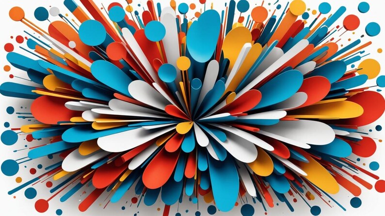May include: Abstract colorful background with a burst of overlapping circles and ovals in shades of red, blue, white, and yellow.
