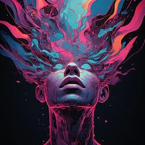 May include: Digital art of a human face looking upward, with vibrant pink, blue, and orange energy emanating from the head. The face is a cool purple hue, with glowing blue eyes, set against a black background.