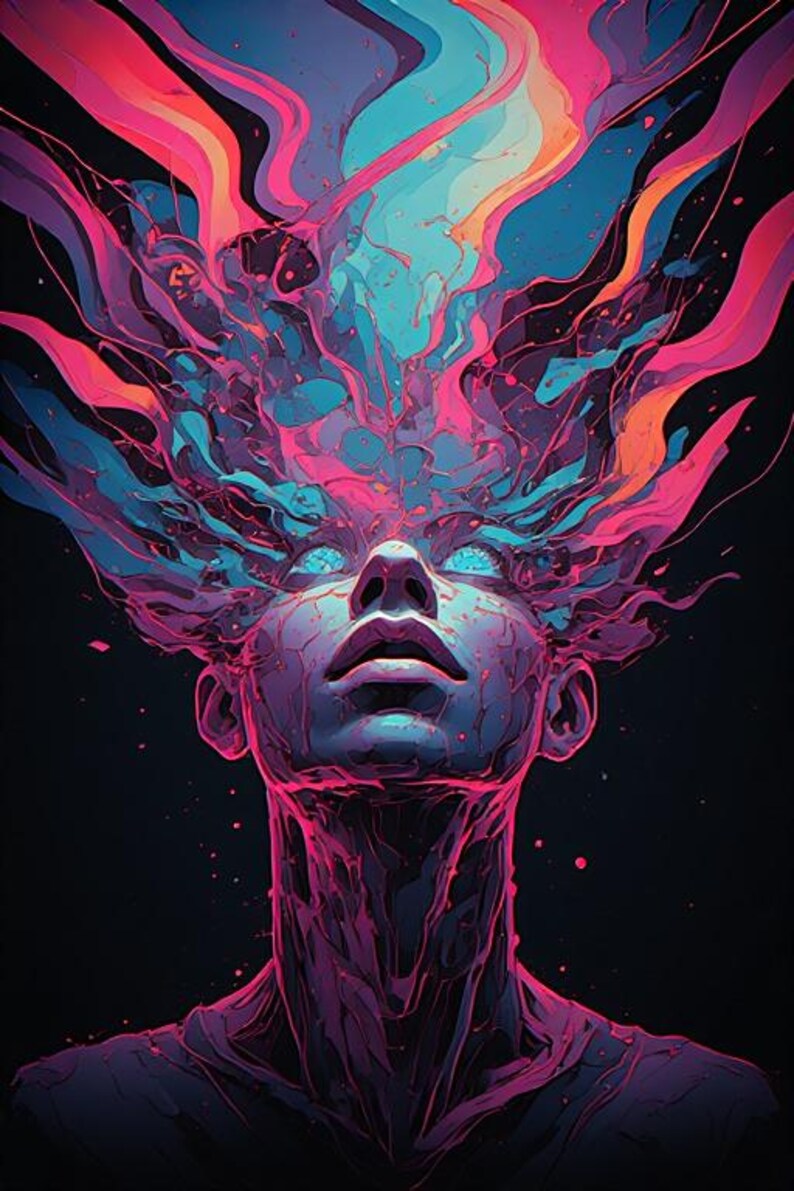 May include: Digital art of a human face looking upward, with vibrant pink, blue, and orange energy emanating from the head. The face is a cool purple hue, with glowing blue eyes, set against a black background.