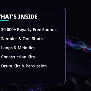 May include: A dark rectangular graphic with the white text WHAT'S INSIDE and a list of audio assets including 30,000+ Royalty-Free Sounds, Samples & One-Shots, Loops & Melodies, Construction Kits, and Drum Kits & Percussion with blue checkmarks.