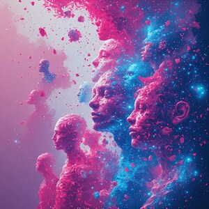 May include: An artistic digital rendering featuring multiple human faces in profile, rendered in shades of pink, blue, and purple. The faces appear to be emerging from a cloud of particles, creating a surreal and ethereal effect. The artwork has a cosmic theme.