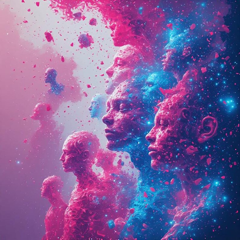 May include: An artistic digital rendering featuring multiple human faces in profile, rendered in shades of pink, blue, and purple. The faces appear to be emerging from a cloud of particles, creating a surreal and ethereal effect. The artwork has a cosmic theme.