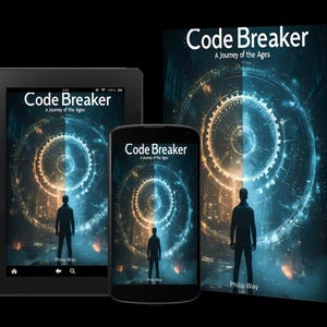 Może przedstawiać: Obraz książki, tabletu i smartfona wyświetlających okładkę "Code Breaker: A Journey of the Ages". Okładka zawiera sylwetkę, dwutonowy okrągły wzór i nazwisko autora, Philip Way.