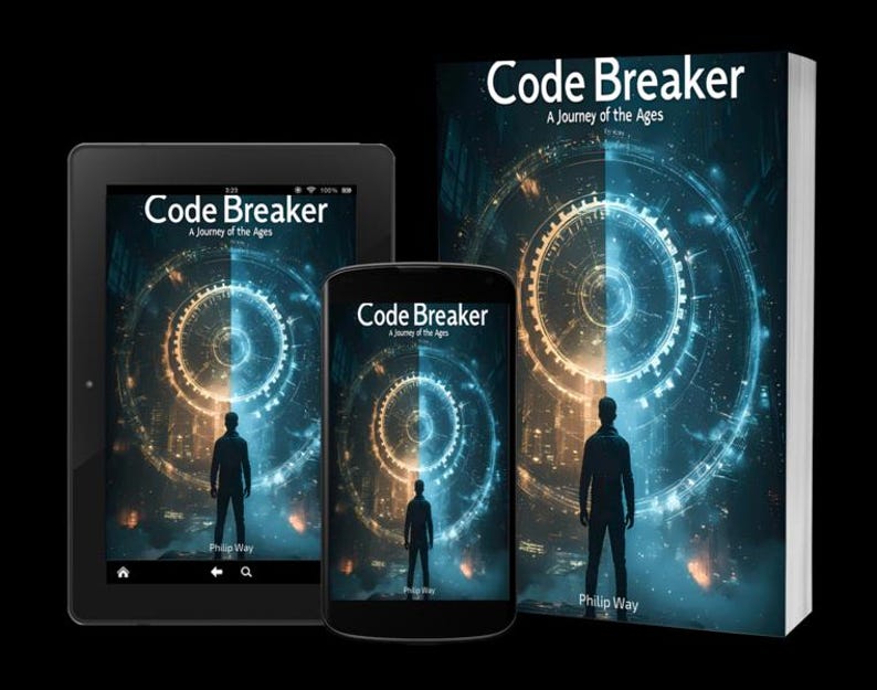 May include: Image of a book, tablet, and smartphone displaying the cover of "Code Breaker: A Journey of the Ages." The cover art features a silhouetted figure, a split-tone circular design, and the author's name, Philip Way.