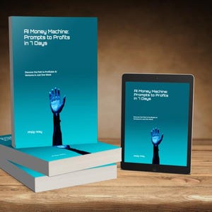 May include: A stack of books and a tablet displaying the cover of "AI Money Machine: Prompts to Profits in 7 Days." The cover features a teal background with a glowing blue hand reaching upwards. The book is on a wooden surface.