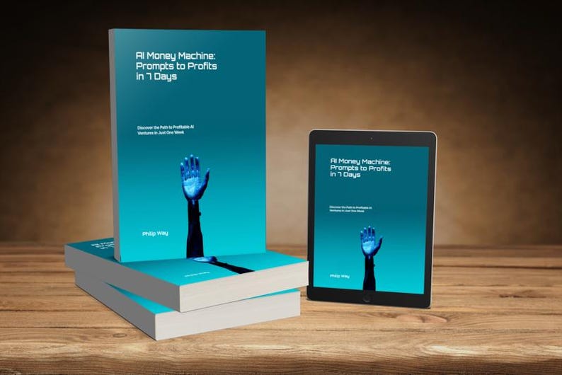 May include: A stack of books and a tablet displaying the cover of "AI Money Machine: Prompts to Profits in 7 Days." The cover features a teal background with a glowing blue hand reaching upwards. The book is on a wooden surface.