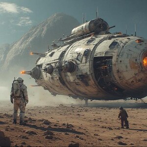 Op de afbeelding: Een digitaal kunstwerk dat een futuristische sc&egrave;ne weergeeft. Een groot, gedetailleerd ruimteschip zweeft boven een verlaten, rotsachtig terrein. Drie figuren in futuristische kleding staan op de grond en kijken naar het schip. De lucht is bewolkt.