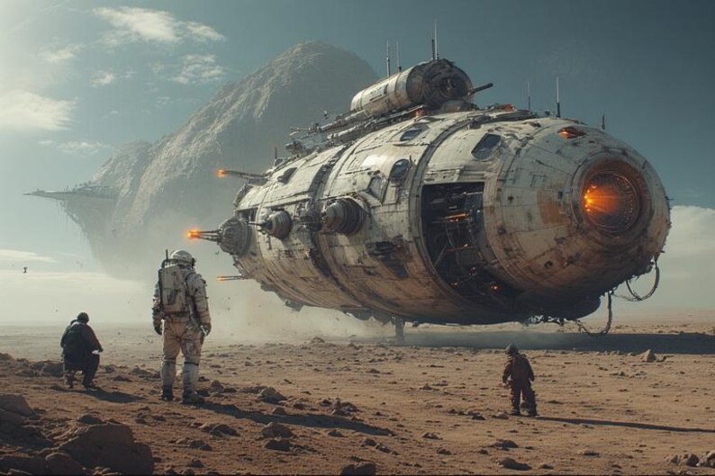 Op de afbeelding: Een digitaal kunstwerk dat een futuristische sc&egrave;ne weergeeft. Een groot, gedetailleerd ruimteschip zweeft boven een verlaten, rotsachtig terrein. Drie figuren in futuristische kleding staan op de grond en kijken naar het schip. De lucht is bewolkt.