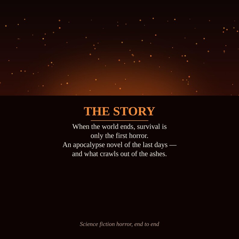 K&ouml;nnte beinhalten: Eine dunkle Grafik mit orangefarbenem Text, der THE STORY lautet, gefolgt von: When the world ends, survival is only the first horror. An apocalypse novel of the last days &mdash; and what crawls out of the ashes. Science fiction horror, end to end.