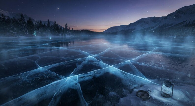 May include: A frozen lake surface featuring deep blue cracks and glowing light patterns under a twilight sky. A small glass lantern and a circular metal object rest on the snowy bank in the foreground, with dark pine trees and mountains in the distance.