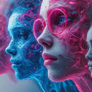 May include: An artistic digital rendering of four faces in profile, each with a unique color scheme. The faces transition from pink to blue, with one wearing pink-rimmed glasses. The artwork has a surreal, ethereal quality.