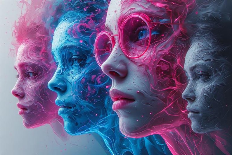 May include: An artistic digital rendering of four faces in profile, each with a unique color scheme. The faces transition from pink to blue, with one wearing pink-rimmed glasses. The artwork has a surreal, ethereal quality.