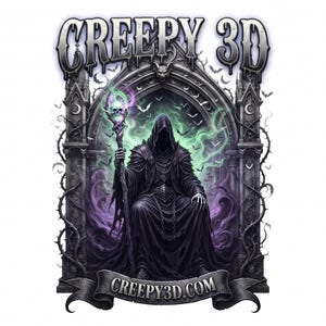 Pu&ograve; includere: Un'illustrazione grafica con il testo CREEPY 3D in alto e CREEPY3D.COM su uno stendardo in basso. Una figura incappucciata in abiti neri siede su un trono all'interno di un arco gotico, tenendo un bastone luminoso con un teschio in cima.
