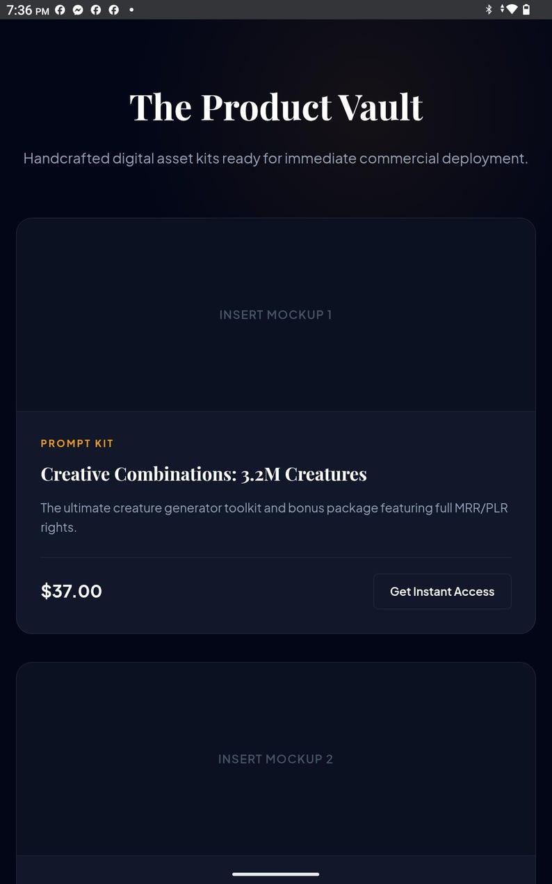 May include: A dark interface titled The Product Vault featuring digital asset kits. A section labeled Prompt Kit displays Creative Combinations: 3.2M Creatures, a creature generator toolkit with MRR/PLR rights, and a Get Instant Access button.