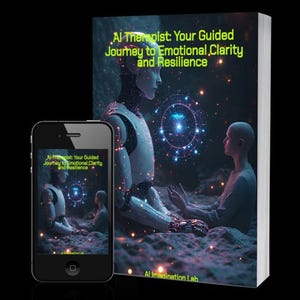May include: A book and a smartphone display the cover of "AI Therapist: Your Guided Journey to Emotional Clarity and Resilience." The cover art features a futuristic robot and a person in a meditative pose, set against a cosmic background. The book's title is in green.