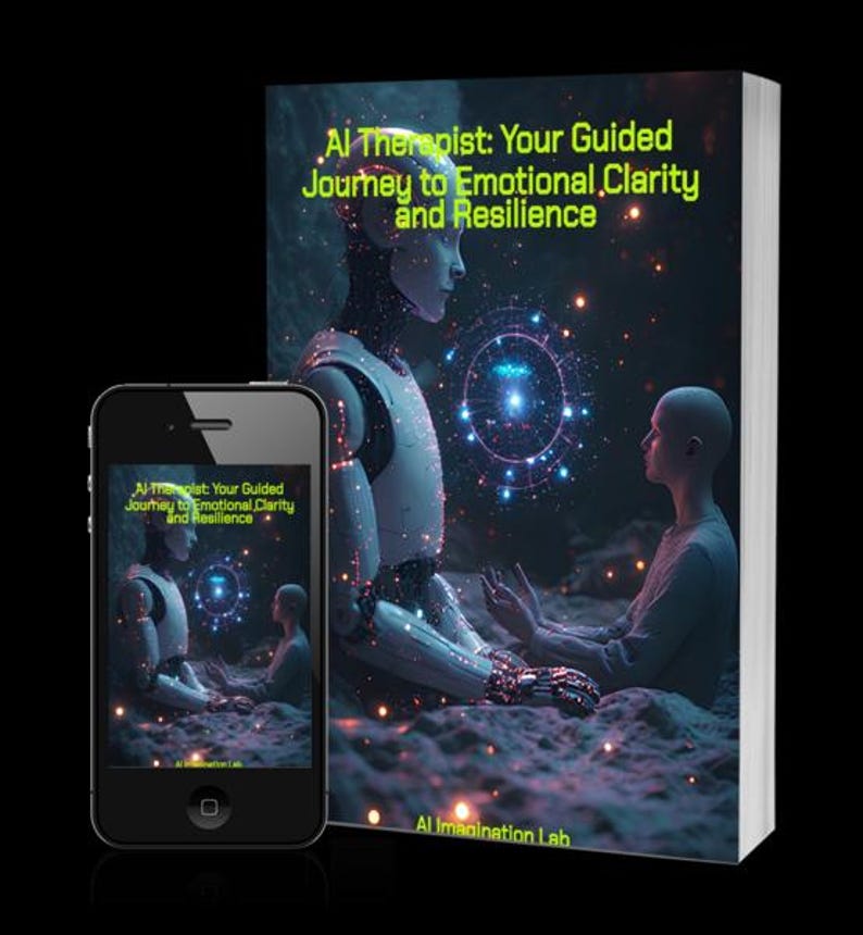May include: A book and a smartphone display the cover of "AI Therapist: Your Guided Journey to Emotional Clarity and Resilience." The cover art features a futuristic robot and a person in a meditative pose, set against a cosmic background. The book's title is in green.