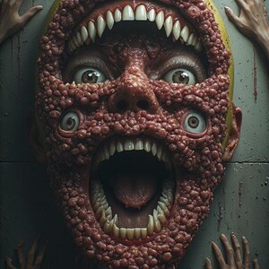 Puede incluir: Una imagen surrealista y grotesca de un rostro humano con m&uacute;ltiples ojos y bocas, dientes y una apariencia carnosa y texturizada. La cara es amarilla con piel roja y con bultos. Las manos se extienden desde los lados, lo que se suma a la inquietante composici&oacute;n.