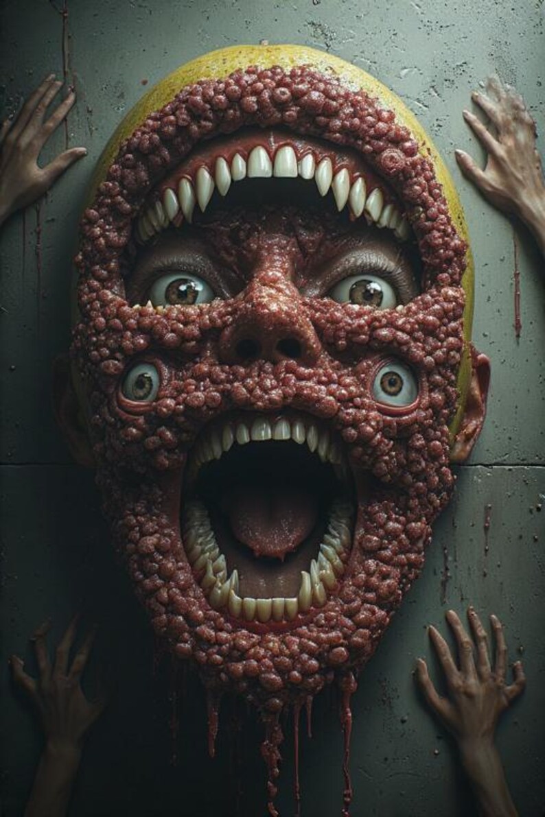 Puede incluir: Una imagen surrealista y grotesca de un rostro humano con m&uacute;ltiples ojos y bocas, dientes y una apariencia carnosa y texturizada. La cara es amarilla con piel roja y con bultos. Las manos se extienden desde los lados, lo que se suma a la inquietante composici&oacute;n.