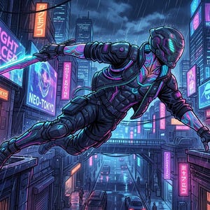Peut inclure: Un personnage futuriste en combinaison tactique sombre avec des accents n&eacute;on violets et bleus saute entre des b&acirc;timents sous la pluie. Le personnage porte un casque &agrave; visi&egrave;re lumineuse et manie une longue lame brillante. Des enseignes n&eacute;on indiquent Night Racer, Neo-Tokyo et Ramen Shop.