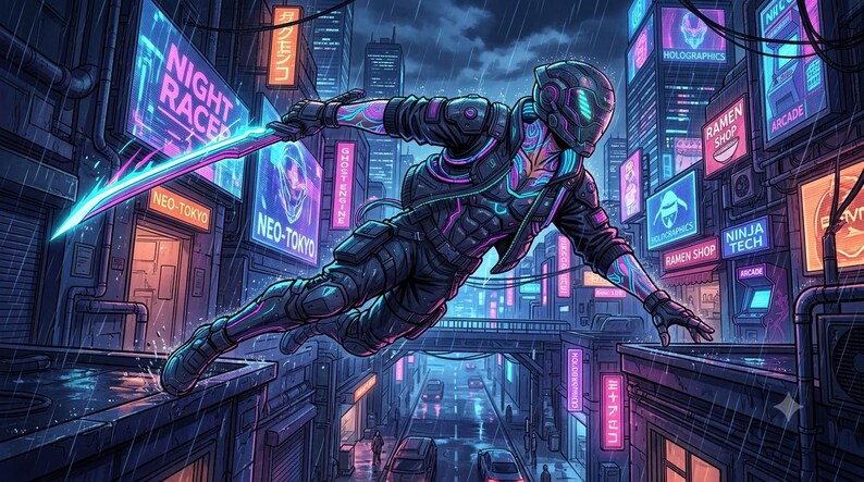 Peut inclure: Un personnage futuriste en combinaison tactique sombre avec des accents n&eacute;on violets et bleus saute entre des b&acirc;timents sous la pluie. Le personnage porte un casque &agrave; visi&egrave;re lumineuse et manie une longue lame brillante. Des enseignes n&eacute;on indiquent Night Racer, Neo-Tokyo et Ramen Shop.