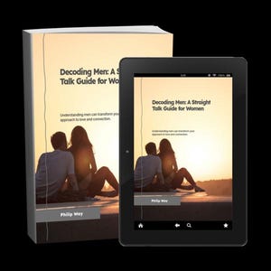 May include: A book and a tablet displaying the cover of "Decoding Men: A Straight Talk Guide for Women." The cover features a couple silhouetted against a sunset. The book is on the left, and the tablet is on the right.