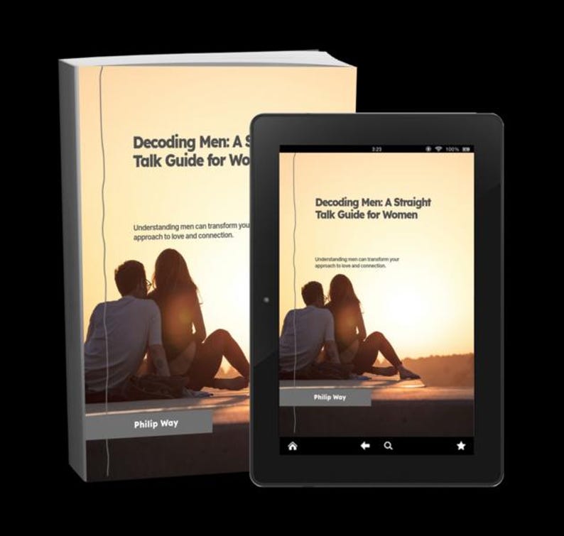 May include: A book and a tablet displaying the cover of "Decoding Men: A Straight Talk Guide for Women." The cover features a couple silhouetted against a sunset. The book is on the left, and the tablet is on the right.