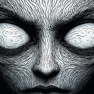 May include: A monochrome illustration of a face with prominent, white, oval eyes. The eyes feature a brain-like pattern. The face is detailed with many lines, giving a textured look. The overall theme is dark and mysterious.