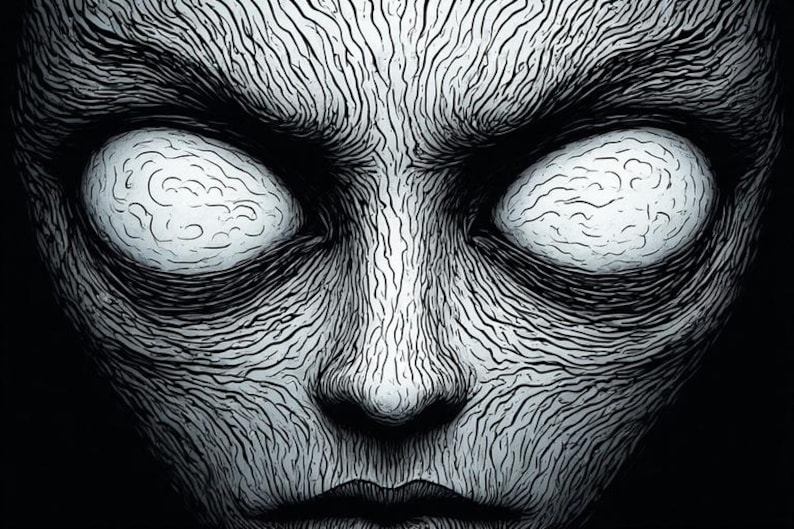 May include: A monochrome illustration of a face with prominent, white, oval eyes. The eyes feature a brain-like pattern. The face is detailed with many lines, giving a textured look. The overall theme is dark and mysterious.