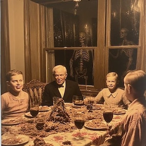 May include: A vintage-style photograph depicts a family seated around a dining table, with a floral tablecloth and plates of food. Two skeletons are visible in the windows behind them, creating a spooky Halloween theme. A chandelier hangs above the table.