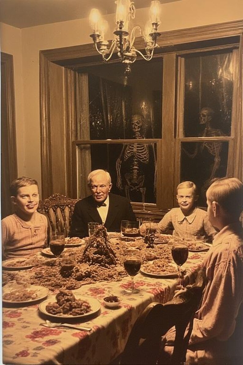 May include: A vintage-style photograph depicts a family seated around a dining table, with a floral tablecloth and plates of food. Two skeletons are visible in the windows behind them, creating a spooky Halloween theme. A chandelier hangs above the table.