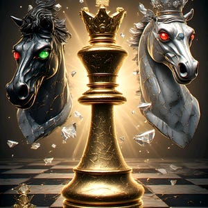 May include: Book cover with the title "KING OF CHESS" and the subtitle "From Pawn to Strategic Master." The image features a golden king chess piece, two horse chess pieces, and the author's name, Philip Way.