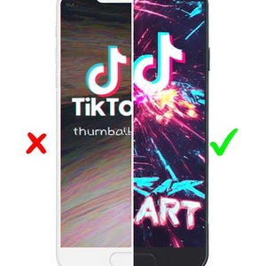 May include: Image comparing two phone screen designs. The left side shows a white phone with the TikTok logo and the text "TikTok thumbnail". The right side displays a black phone with a colorful design and the word "ART". Text at the bottom reads "40 READY PROMPTS INCLUDED."