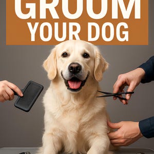 May include: A golden retriever dog being groomed on a table with a brush, scissors, clippers, and nail clippers. The dog is looking at the camera with a happy expression. The text "THE PROPER WAY TO GROOM YOUR DOG" is displayed above the dog.