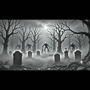 May include: A black and white illustration of a misty graveyard at night featuring several weathered tombstones and bare, leafless trees. Multiple slender, hunched humanoid figures with glowing eyes stand among the graves in the fog.