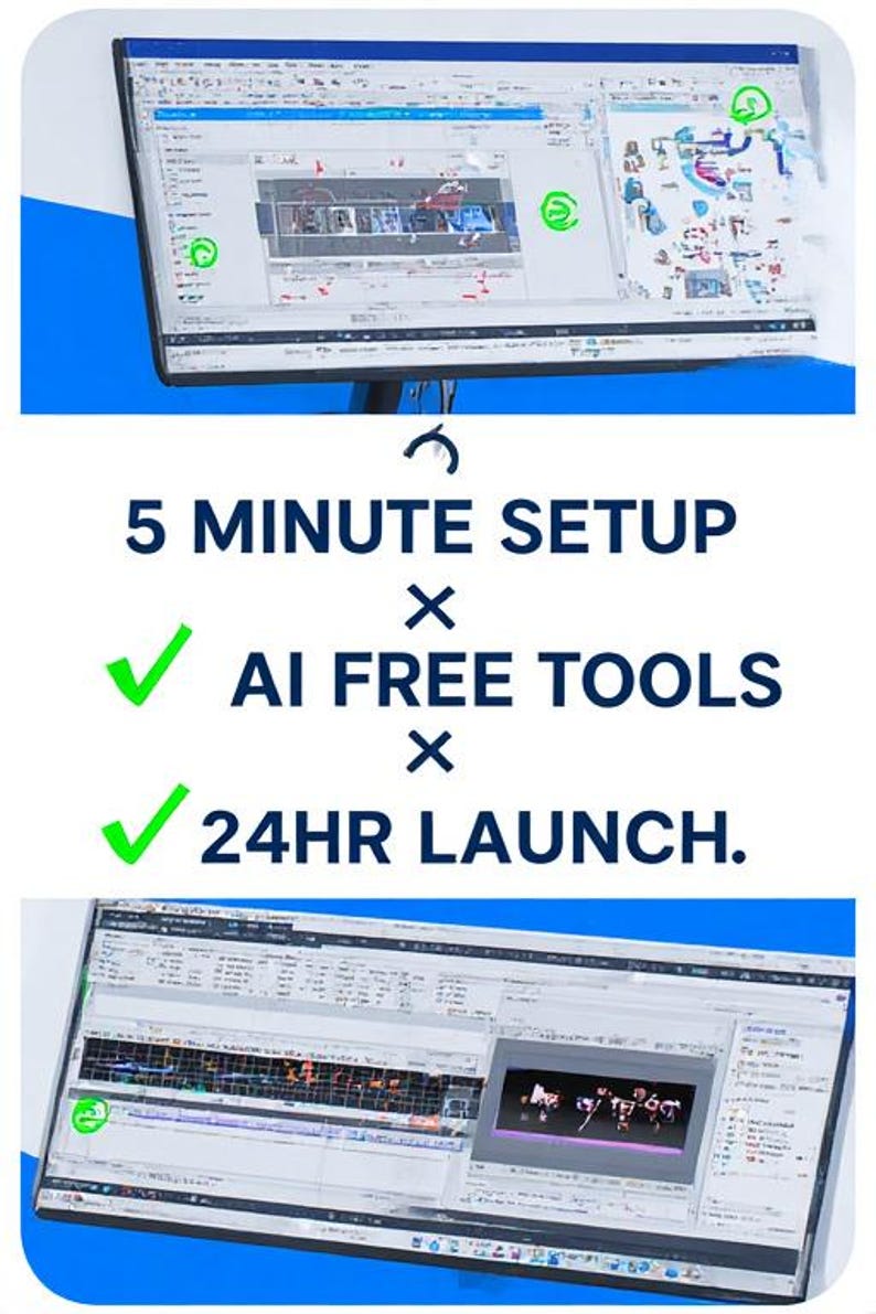 May include: Two computer monitors displaying a video editing interface. The text reads: "5 MINUTE SETUP x AI FREE TOOLS x 24HR LAUNCH."