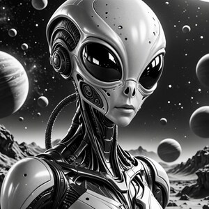 Pu&ograve; includere: Illustrazione in bianco e nero di un alieno con una grande testa, grandi occhi neri e un corpo metallico. Lo sfondo presenta pianeti e un cielo stellato, evocando la fantascienza.