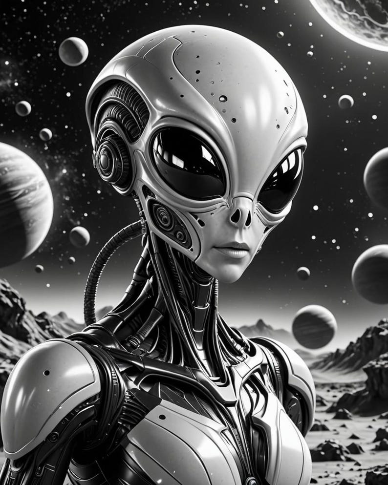 Pu&ograve; includere: Illustrazione in bianco e nero di un alieno con una grande testa, grandi occhi neri e un corpo metallico. Lo sfondo presenta pianeti e un cielo stellato, evocando la fantascienza.
