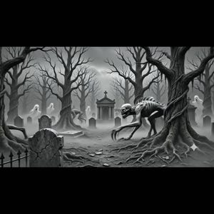 May include: A black and white digital illustration of a graveyard scene featuring a skeletal, hunched creature with sharp claws in the foreground. The background shows bare, twisted trees, multiple tombstones, a stone mausoleum, and faint ghosts.