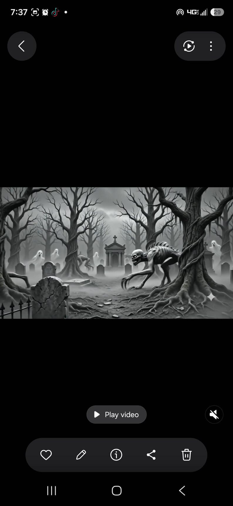 May include: A black and white digital illustration of a graveyard scene featuring a skeletal, hunched creature with sharp claws in the foreground. The background shows bare, twisted trees, multiple tombstones, a stone mausoleum, and faint ghosts.