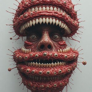 Puede incluir: Una grotesca escultura roja y carnosa de una cara con m&uacute;ltiples filas de dientes y ojos. La escultura tiene una apariencia inquietante, con una superficie texturizada y un efecto de goteo en la parte inferior.